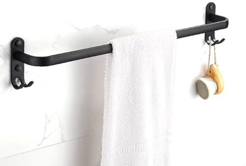 nvdsivee Porte-Serviettes Mural en Aluminium Porte Barres Serviette Moderne Simple avec 2 Crochets Étagères à Serviettes pour Salle de Bain Cuisine Toilettes Hôtel Noir Mat 1 Couche 50cm