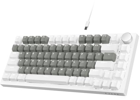 AJAZZ AK820 75% TKL Teclado mecánico con Cable,Interruptor Lineal Intercambiable en Caliente,Teclado para Juegos con Montaje de Junta,luz Blanca,82 Teclas con Perilla de Volumen CNC-Blanco Gris
