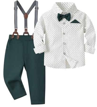 Volunboy Baby Jungen Anzug Set Bekleidung Hemd mit Fliege + Hosenträger Hosen Strampler Anzug(4-5 Jahre,Größe 120,Grün Weiß)