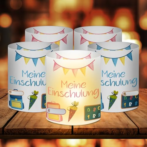 12 Windlicht Tischdeko Einschulung Junge Meine Einschulung Tisch Deko Einschu-Lung Mädchen Tisch Meine Einschu-Lung Deko Rosa Blau für Teelichter oder Kerzen