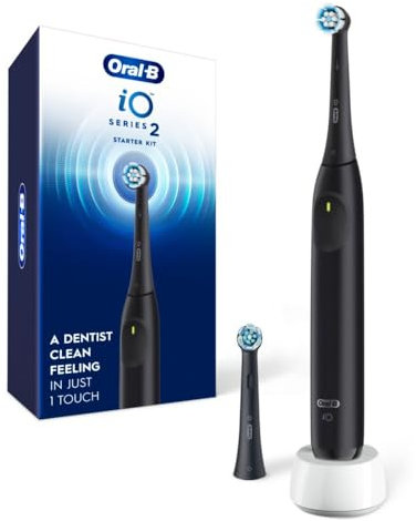Oral-B iO Series 2 Rechargeable Electric Powered Toothbrush Starter Kit, Night Black with 2 Brush Heads - Automatic Pressure Sensor to Protect Gums - 3 Modes - 2 Min Timer