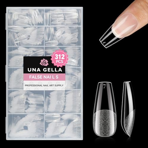 UNA GELLA Medium Coffin Nail Tips 312pcs Pre-Etched Soft Gel Full Cover | Medium Coffin Press On Nails Clear Full Cover for Nail Extensions & DIY Art Salon at Home, Long Lasting 12 Sizes