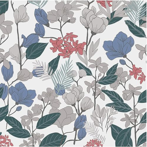 ICYEHAO Blue Floral Wallpaper,44 x 1000 cm Grey and Red Flower Wallpaper Green Leaf Plants Wall Paper Peel and Stick Wall Paper Self Adhesive Furniture Wrap for Living Room,Bathroom,Kitchen,Drawer