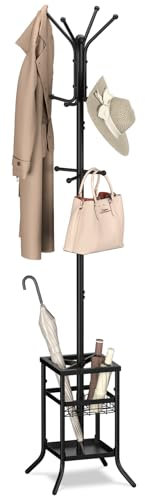 Yoobure Porte-manteau autoportant avec porte-parapluie, porte-manteau moderne en métal avec 12 crochets, porte-manteau moderne pour entrée, porte-porte-monnaie, porte-chapeaux, support pour salon,