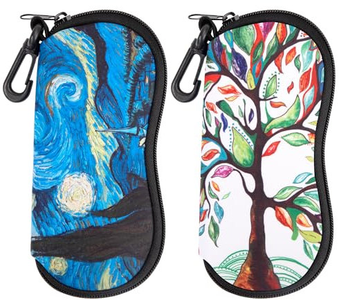 Newellsail Brillenetui Weiche Sonnenbrille Tasche Leicht Neopren-Reißverschluss Brillenetui Tragbare Reise Brillentasche mit Haken 2 Stück (Bedruckte)