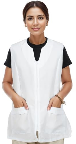 Casaca Señora Casaca Blanca para Limpieza Mujer Sin Manga con Cierre Cremallera, Uniforme Laboral Limpieza - XL