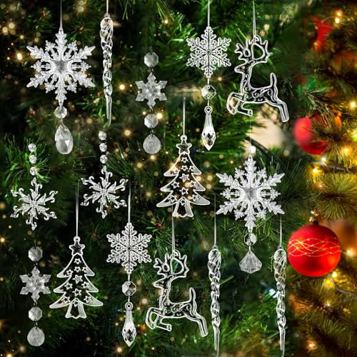 PRZRAO 16 Pezzi Acrilico Decorazioni Albero di Natale Fiocchi di Neve per Albero di Natale Decorazione Invernale Fai Da Te Addobbi Albero di Natale Ornamenti di Cristallo per la Festa di Natale