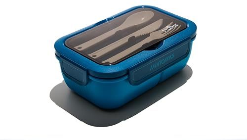 Muitomas, Lunch Box 1100 ml, porte-repas avec couverts et trois compartiments intérieurs, boîte à lunch hermétique pour aliments, boîte à lunch micro-ondes, lave-vaisselle et congélateur, couleur bleu