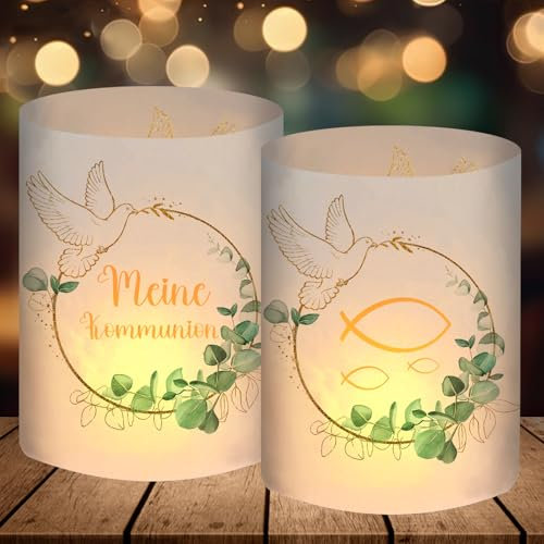 12 Windlicht Tischdeko, Meine Kommunion Deko Junge Mädchen, Erstkommunion Deko Eukalyptus Grün, Kommunion Geschenke Gastgeschenke, Kommunionsgeschenke, für Teelichter oder Kerzen