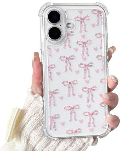 NITITOP Compatible with iPhone 16 Plus Case Clear with Four Corners Cute Bowknot Ribbon Heart Pattern for Women Girls Bow Soft TPU Shock-absorbing Protective Cover - Pink