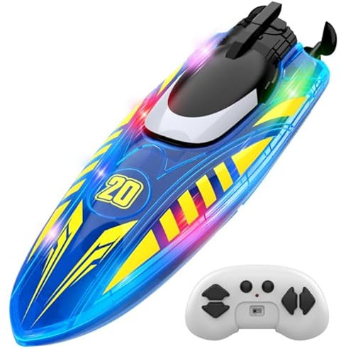 Snorthy Ferngesteuertes Boot, 2.4Ghz vollproportionales ferngesteuertes Boot mit LED-Licht, wasserdichtes elektrisches Schnellboot mit 2 wiederaufladbaren Batterien, 2 Schnellboote für Pools und Seen