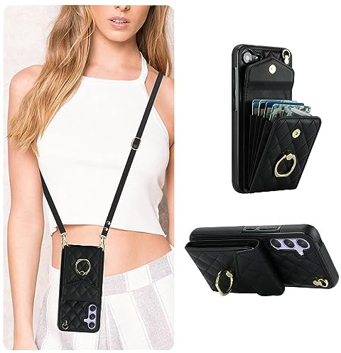 QLTYPRI Handyhülle für Samsung Galaxy A56 5G Hülle mit Band, Mikrofaser Leder Handykette Case mit Kartenfach Ringständer RFID Schutzhülle Lederhülle Tasche Etui für Samsung Galaxy A56 5G-Schwarz