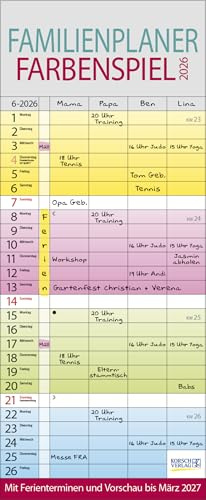 Familien Planer Farbenspiel - Familienplaner 2026 für 4 Personen - Korsch-Verlag - Kalender mit 4 Spalten zum Eintragen - 19 cm x 46 cm
