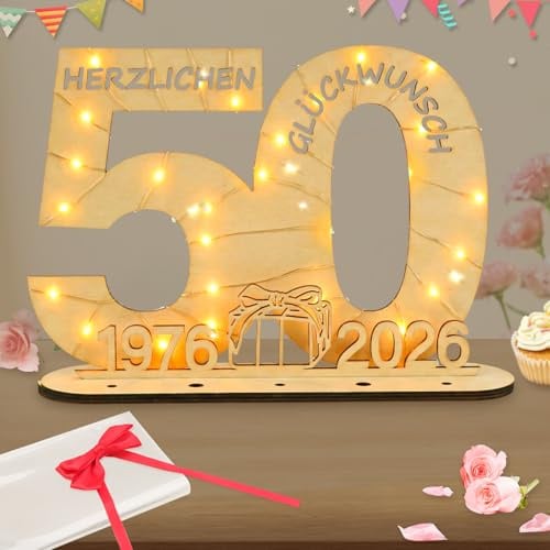 Seutgjie Originelle Geschenk 50 Geburtstag Frau Mann 1976-2026, Goldene Hochzeit 50, Geldgeschenke Geburtstag 50 mit LED Lichterkette Geschenkpapier, Holz Schild 50 Geburtstag Deko Tischdeko Gästebuch