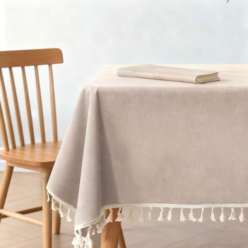 MospdyGear Cotton Linen Rectangular Tablecloth with Tassels, Dust-Proof and Shrink-Proof Table Cover for Kitchen and Dining Decoration (Beige, 140x180 cm)