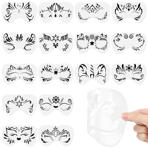 URAQT Tattoo Schablone, 16 Blatt Wiederverwendbare Gesichtsfarbe Schablonen, Tattoo für Gesicht und Körper, für Kinder Erwachsene, Party, Fasching, Karneval, Weihnachten Halloween (D2)