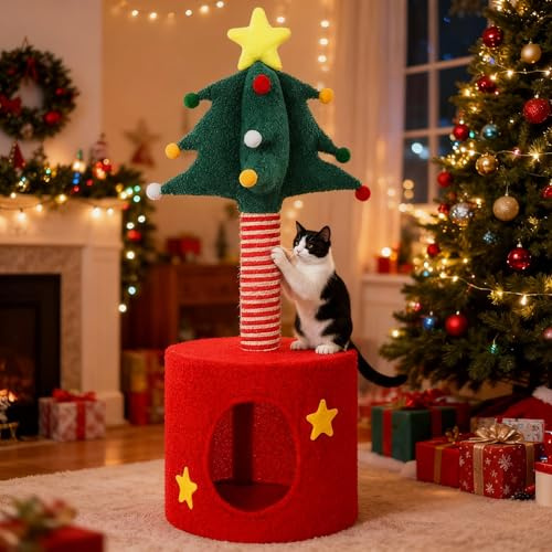 Albero natalizio per gatti a torre con tiragraffi in sisal e scatola regalo, casetta per gatti di Natale da 83 cm, per gattini interni, per giocare e dormire, decorazione natalizia per le vacanze