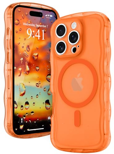 Urarssa for iPhone 16 Pro Max Case Compatible with Magsafe, Cute Curly Wave Frame Magnetic Phone Case, Translucent Matte Soft TPU Camera Protection Shockproof Bumper Cover for Women Girls- Orange