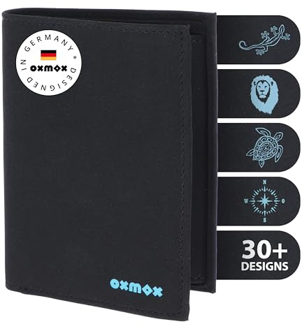Oxmox Geldbörse Herren/Portemonnaie Damen | Wallet mit RFID Schutz | New Cryptan (Vegan) | 8 Kreditkartenfächer | Kombibörse Hochformat | schwarz | Pure 2.0 Print Cyan