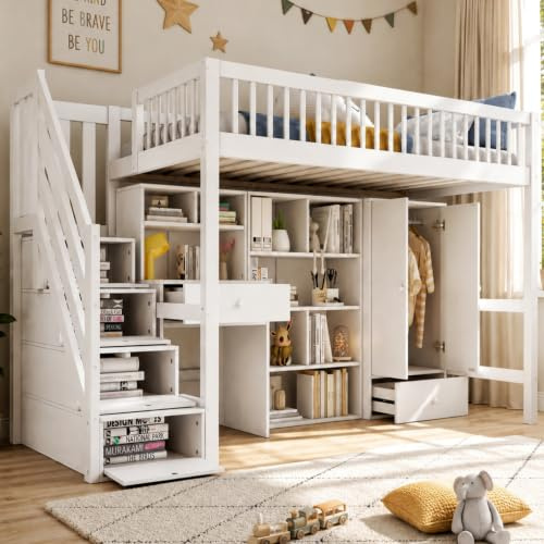 Su & Chan Legence High Sleeper Bed with Desk, Loft Bed with Wardrobe, Kids Single Bed with Storage Stairs and Shelves, Wooden Slatted Frame, No Mattress, 90 x 190cm, White