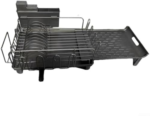 Escurreplatos extensible, organizador ajustable para fregadero de cocina con bandeja de drenaje giratoria de 270°, organizador de secado de acero al carbono que ahorra espacio para platos, cuencos y