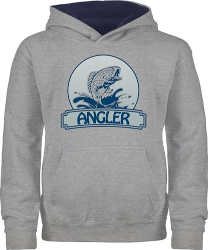 Pullover Kinder Hoodie Jungen Mädchen - Angeln - Angler Button - 104 (3/4 Jahre) - Grau meliert/Navy Blau - geschenk für fischer geschenke fischen fisch kinderpulli angelbekleidung junge angel