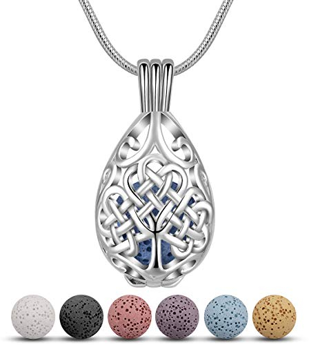 CELESTIA Aromatherapy Essentail Oil Diffuser Necklace for Women Silver Plated Celtic Tree of Life Locket Pendant with 7 Lava-24 Chain, Meditation Relaxation Gifts for Women