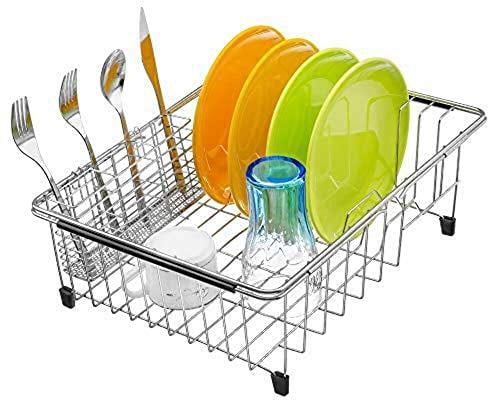 iPEGTOP Erweiterbares Abtropfgestell für Geschirr – Rostfreies Edelstahl Abtropfkorb für Spüle, Multifunktionaler Geschirrständer mit Besteckhalter, Innen-Sink-Organizer