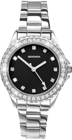 Sekonda Elizabeth Silver Bracelet Black Dial Women's Quartz Watch 33mm with Stone Set Case, Analogue Display and Stainless Steel Bracelet