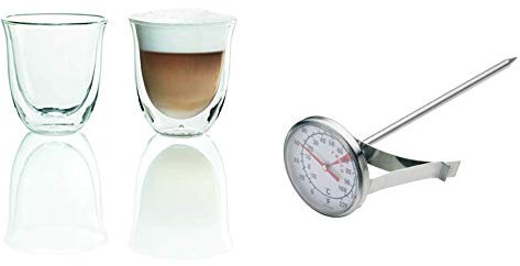Delonghi 5513214601 Cappuccino Thermo Glasses - Pack of 2 & Kitchen Craft Stainless Steel Milk Frothing Thermometer