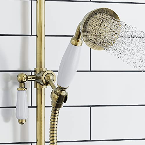ENKI E16 Traditional Handheld Shower Head, Antique Brass, Handset | Solid Brass, Easy Install, Fittings Included, 1-Year Guarantee, Shower Head, Replacement Head, Bathroom