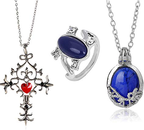 PPX 3 Packungen Unisex Vampire Elena Saphirglas Daylight Ring und Katherine Saphirglas Anhänger Daywalking Halskette für Fans
