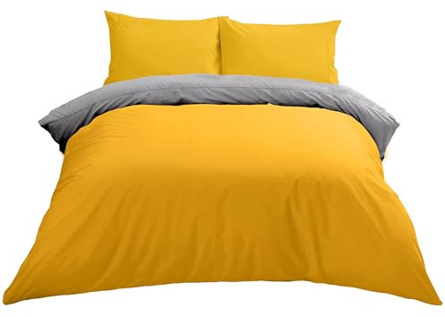Lions Plain Dye Bedding, King Size Duvet Cover Sets with Pillowcase, 3 Piece Ultra Soft Reversible Quilt Covers Bed Set, Microfibre Premium Quality, 230x220cm, Ochre Grey