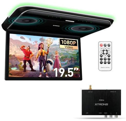 XTRONS 19.5“ HD Digital TFT 16:9 Screen Car Overhead Video Ultra-Thin Car Roof Mounted Player with Built-in HDMI/AV/USB Speakers and Colourful Aura Light with TV Box Included