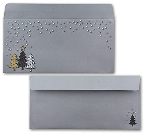 25x Briefumschläge DIN Lang in Grau mit Weihnachtsbäumen in Scratch-Optik - Haftklebung mit Abziehstreifen - 110 x 220 mm - 120 g/m² - Weihnachtsumschläge mit Motiv für Firmen und Privat
