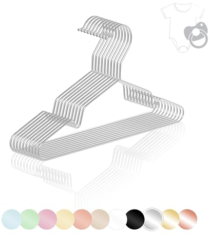 ROW&LINE® – Baby Kleiderbügel (30 cm) – 10 Stück (Silber) – platzsparende Kinderkleiderbügel für Kinder – belastbar mit Schwerer Kleidung – Drahtbügel für Ordnung & einheitliche Optik Kleiderschrank