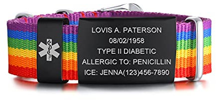 FLHEART Personalisierte Medizinische Alert ID Armband | Einstellbare Sport Nylonband Gürtelschnalle Allergie Diabetiker für Herren Damen, Angepasst, Regenbogen