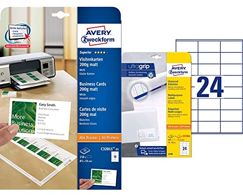 AVERY Zweckform C32011-25 Superior Visitenkarten, blanko (250 Stück, 200g, 85x54 mm, matt weiß, 25 Blatt) & 3490 Adressaufkleber (600 plus 120 Klebeetiketten extra, 70x36mm auf A4) 30 Blatt, weiß