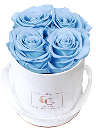 Classic Infinity Rosenbox | Round | XS | Marble Rosegold - 4 Infinity Rosen mit langjähriger Haltbarkeit, echte Rosen die bis zu 3 Jahre blühen, Emmie Gray Flowerbox, konservierte Rosen (Baby Blue)