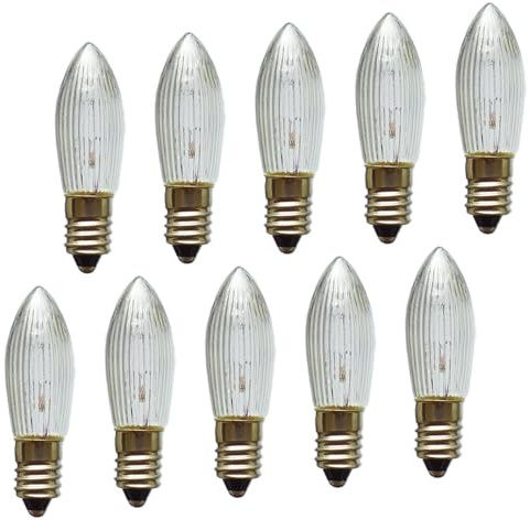 Erzgebirgslicht - AUSWAHL - 10x Topkerze Spitzkerze 8V 3W E10 für 30 Brennstellen Ersatzbirne Glühbirne Riffelkerze Glühlämpchen für Lichterketten und Schwibbogen (keine LED!)
