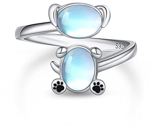 Hundering 925 Sterling Silber Verstellbarer Offener Ring Synthetischer Mondstein Ring Süßes Tier Hund Schmuck Geschenk für Mädchen Damen