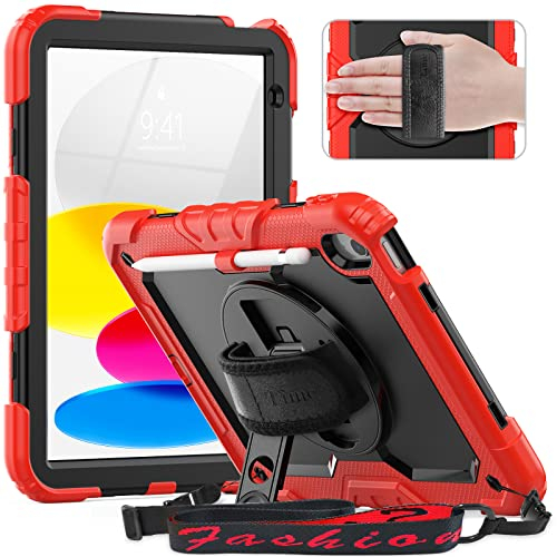 Timecity Funda para iPad 10ª generación 2022 de 10.9 pulgadas, resistente a los golpes con protector de pantalla, correa de hombro, soporte para bolígrafo para iPad 10, color rojo