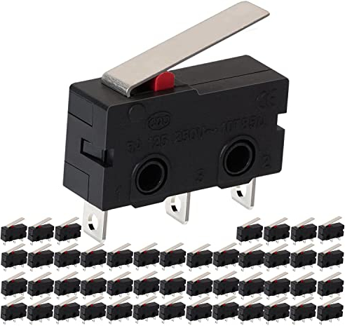VISSQH 50PCS Micro Interrupteur Fin de Course Levier de Charnière SPDT 1NO 1NC AC 250V 5A Interrupteur de Longue Levier Momentanée Micro Commutateurs 3 Broches pour Arduino