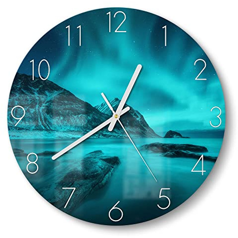 DEQORI Glasuhr | rund Ø 30 cm | Motiv Polarlichter in Norwegen | ausgefallene leise Design Uhr aus Glas | Wanduhr für Wohnzimmer & Küche | moderne Hingucker Uhr für die Wand