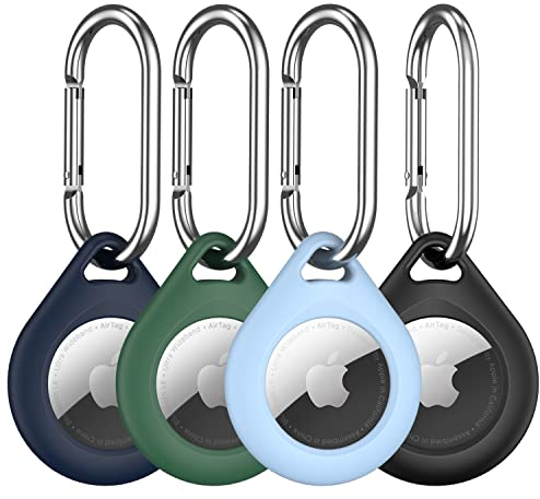 R-fun 4 Pack Airtag Halter mit Metall Schlüsselanhänger, Multi-Color schützende Silikon Airtag Fall Schlüsselring für Gepäck, Hundehalsband, Schlüssel - (Schwarz, Blau, Himmelblau, Grün)