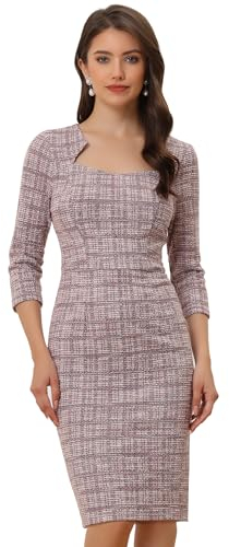 Allegra K Damen 3/4-Ärmel Kariert Arbeitskleid Minikleid Knielang Elegant Kleid Rosa XL