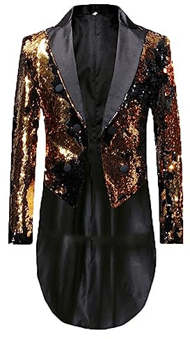 Youllyuu Herren-Frack mit Pailletten, zweireihig, Dinner-Party, Bühne, Smoking, Blazer, Goldfarben / Schwarz, 5XL