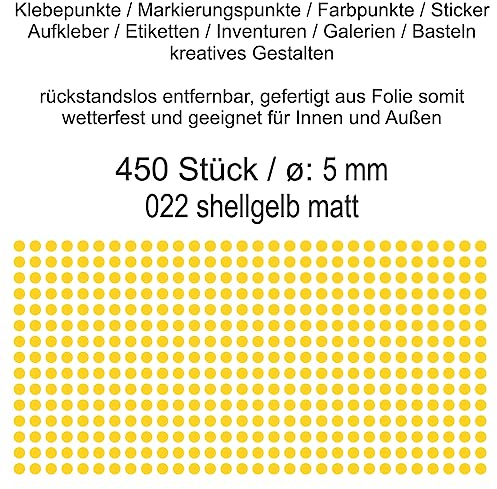 Aufkleber Etiketten Klebepunkte aus Folie 450 Stück gelb shellgelb matt rund 5 mm selbstklebend farbig wetterfest Decal Markierungen Organisieren DIY basteln verzieren Modellbau Scrapbooking