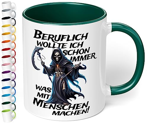 Lustige Büro Tasse „Beruflich wollte ich schon immer was mit Menschen machen!“ - 330ml Keramik Kaffeebecher mit Spruch, Geschenke für Kollegen Büro Arbeit Geburtstag Weihnachten (Dunkelgrün)