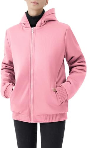JiangWu Damen Fleece-Mantel mit Sherpa-Futter und Kapuze – verdickte, warme Winterjacke, Pink, L